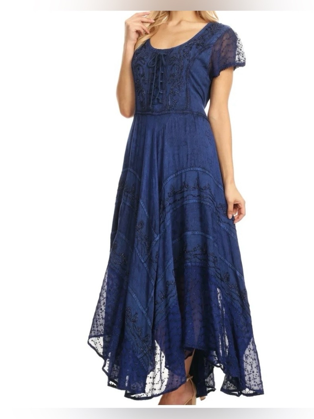 Sakkas Navy Lace Asymmetrical Midi Dress